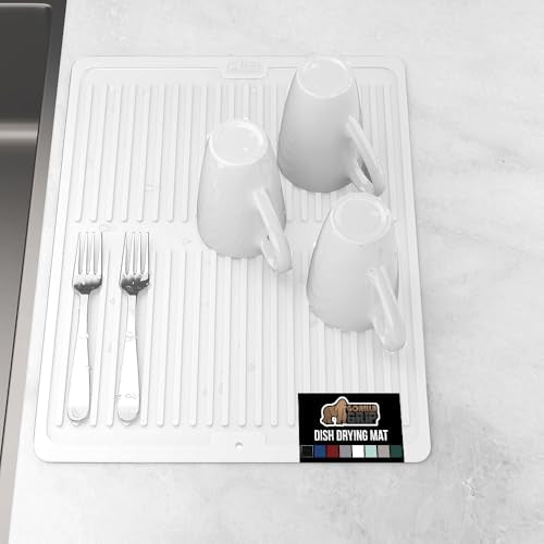 GORILLA GRIP 100% BPA-Free Patented Silicone Dish Drying Mat for Kitchen Counter, Water Catching Ribbed Design, Easy Clean Waterproof Sink Liner, Heat Resistant, Fits Under Rack, 12x16 Inch, White - color: White, size: 16" X 12", style: Silicone