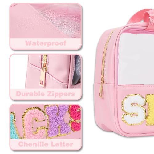 Snack Bag Clear Chenille Varsity Letter Zipper Pouch for Travel Preppy Cosmetic Bag Clear Cosmetic Bag Makeup Travel Bag for Women - color: Pink