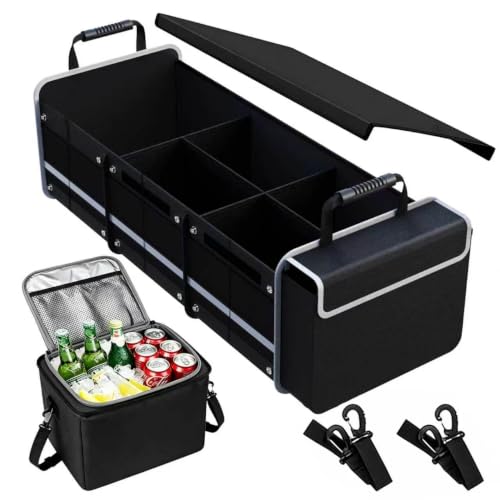 Car Trunk Organizer with Removable Cooler Bag - Collapsible Multi-Compartment Storage for SUV Truck Groceries Camping, Durable Nylon Auto Cargo Organizer (Black) - color: Black