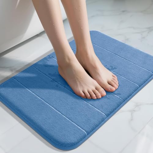 Yimobra Memory Foam Bath Mat, Super Soft Absorbent Bathroom Rug Non Slip, Quick Dry, Machine Washable Floor Carpet for Tub Shower, Home Decor Accessories, 24x17, Blue - color: Blue, size: 24" X 17"