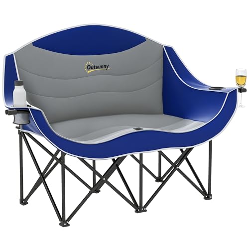 Outsunny Double Camping Chair for Adults, Padded Folding Camp Chair for 2 Person with Armrest, Wine Glass Holder, Cup Holder, Carry Bag for Outdoor Sports, Picnics, Supports up to 552 lbs. - color: Blue and Gray/Double