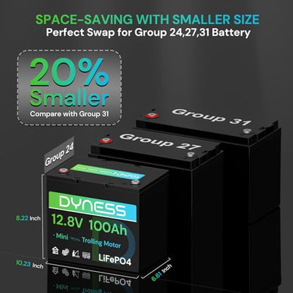 Dyness 12V 100Ah Mini LiFePO4 Battery 4 Pack Group 24, 12 Volt Deep Cycle Lithium Battery with 100A BMS, Low-Temp Protection & 10 Years Lifespan for RV, Boat, Trolling Motor, Solar Off-Grid, Golf Cart - style: 12V 100Ah Mini(4 Pack)