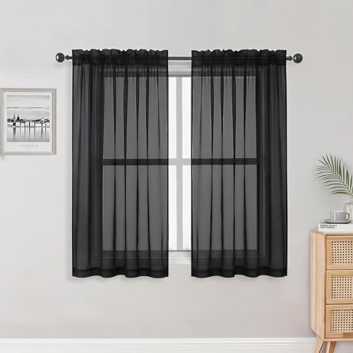 OWENIE Sheer Black Curtains 84 Inch Length 2 Panels Set for Living Room Bedroom, Rod Pocket Voile Sheer Panel Drapes, Black, 2pcs, Each 42" W x 48" L - color: Black, size: 42"W x 48"L (Pack of 2)