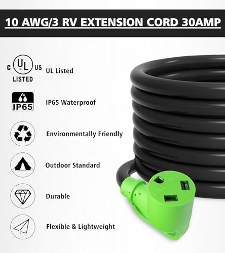 30 Amp RV Extension Cord 15 FT, NEMA TT-30P/R Plug with Grip Handle, 3750W Heavy Duty 3x10 Gauge Power Cord for RVs/Campers/Travel Trailers