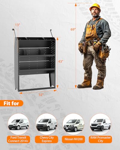 MELIPRON Steel Cargo Van Shelving Storage System Fit for NV200, Transit Connect 2014+, Chevy City Express, Promaster City with S-Shaped Hooks(32" W x 43" H x 13" D) - size: 32" W x 43" H x 13" D