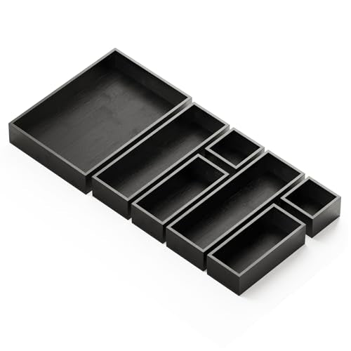 SpaceAid 7-Piece Bamboo Drawer Organizer Storage Boxes Set, Wood Tray Junk Drawer Organizers Multi-Use Divider Bins for Kitchen, Bathroom, Office Desk and Makeup Organization (7 Pack, Black) - color: Black