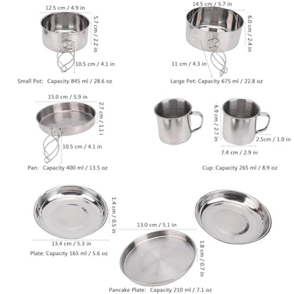 8PCS Stainless Steel Camping Cooking Set Cookware Mess Kit Cook Pots and Pan Set with Plates Cups, Lightweight Camping Cookware for Hiking Backpacking Outdoor Cooking and Picnic