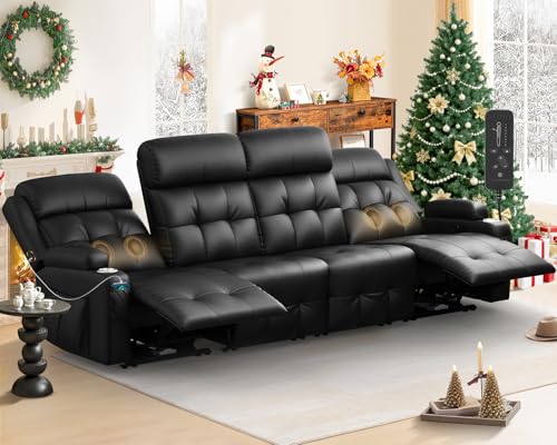 Reclining Couch, 113" PU Leather Sofa Recliner with Massage - 4 Seat Home Theater Seating Comfy Soft, Manual Wall Hugger Reclining with Lumbar Support Sofa Set for Family Living Room, Black - color: Midnight Black, size: 4 Seats