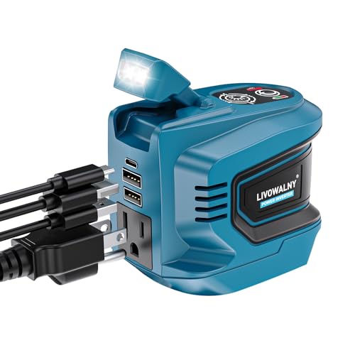 LIVOWALNY 200W Power Inverter Compatible with Makita 18V Battery, DC 18V to AC 110-120V Power Station with 1 AC Outlet, 2 USB, 1 Type-C & LED Light, for Camping Power Outage (No Battery) - color: Blue, size: 1-PACK