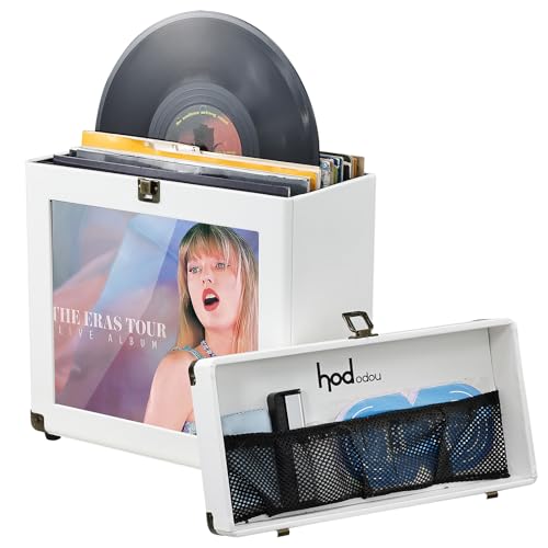 Hododou Vinyl Record Storage Box with Lock Record Organizer Storage for 30+ Single Records 12-inch Water Resistant Collapsible Storage Crate with Lid Handle Mesh Pouch for Vinyl Collect Acrylic White - color: Acrylic White