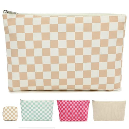 Fammart Checkered Makeup Bag, Travel Cosmetic Bag Organizer Toiletry Bag Make Up Bags with Zipper & Compartments for Women Girls - color: Checkered - Khaki