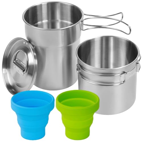 KOKKOYA Foldable Camping Cups Mugs Camping Pot Cookware 304-Food-Grade Outdoor Camp Cooking Set with Vented lid,Stainless Steel Backpacking Cookware for Hunting - color: silvery-blue-green