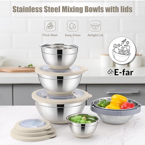 E-far Mixing Bowls with Lids Set, 15PCS Stainless Steel Mixing Nesting Bowl with Colander & 3 Metal Grater for Kitchen Prep/Baking/Storage, Non-Slip Bottom & Airtight Lid, 4.6, 3, 1.5, 1, 0.7QT, Khaki - color: Khaki