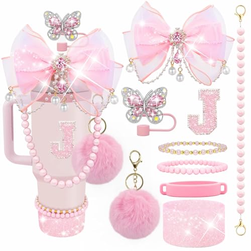Letter Stickers Bling Accessories Set for Stanley 40/30/20 oz Tumbler: Bow Straw Topper, Charms, Butterfly Cap, Pearl Strap, Silicone Boot, Accessories for Stanley Quencher H2.0 - color: Pink Peony, style: J
