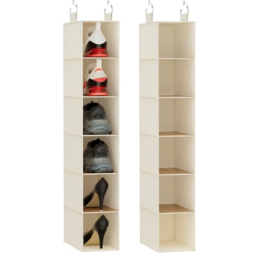 Hanging Closet Shelf Shoe Organizer Set of 2 with Woven Bamboo Shelves,11.5 x 31.5 x 5.5 in, 6-Tier Design for Space-Saving Storage,Beige - color: Beige, size: 6 Tiers-Closet Hanging