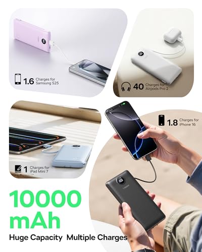 VEGER All in One Travel Portable Charger with Built-in AC Plug & Cables, 10000mAh Slim Power Bank Battery Pack, 15W Fast Charging Compatible with iPhone, Samsung, Android-Black - color: Grey
