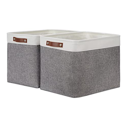 DULLEMELO Storage Baskets Large 16"x12"x12" Rectangular Storage Bins Baskets for Organizing [2 Pack] Fabric Collapsible Storage Organizer for Home,Office,Closet,Clothes,Toys (White&Grey) - color: White&Grey-Leather Handles, size: Large-16"x12"x12"
