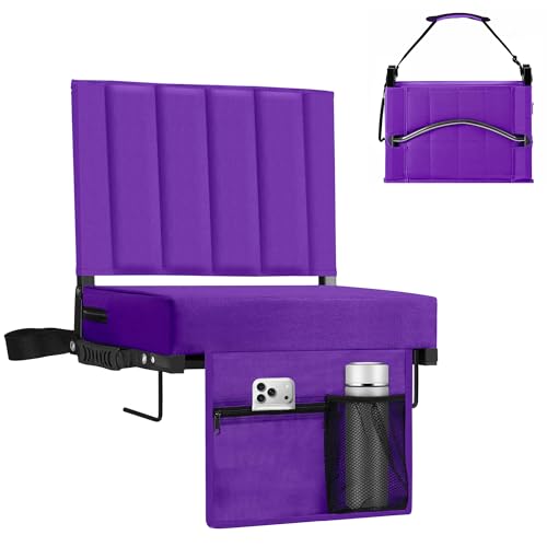 Stadium Seat for Bleachers with Back Support, Portable Bleacher Seat with Wide Comfy Padded Cushion, Metal Hook, Folding Stadium Chair with Shoulder Strap, Carry Handle, Cup Holder, Purple - color: Purple