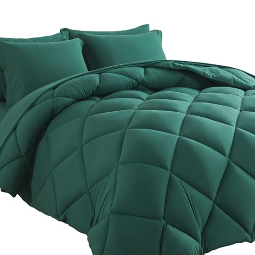 Cosybay Bed in a Bag Full Comforter Sets 7pcs All Season Solid Down Alternative Bedding Sets Dark Green with Comforter, Pillow Shams, Flat Sheet, Fitted Sheet and Pillowcases - color: Dark Green, size: Full