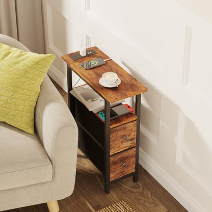 TRIFEBLE End Table with Charging Station, Narrow Side Table with 2 Fabric Drawers, Skinny Nightstand with LED Light, Slim Bedside Table for Bedroom, Living Room, Small Spaces, Rustic Brown - color: Rustic Brown