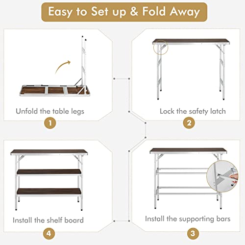 COSTWAY Folding Picnic Table, Portable Camping Table with Carry Bag, Lightweight Aluminum Food Prep Station with 2 Shelves, Quick Set-up, BBQ, Party, Backyard - color: Brown, size: 43.5"W x 34.5"H