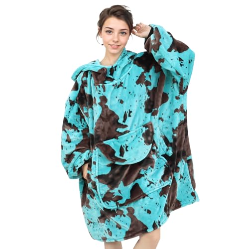 Turquoise Wearable Blanket Hoodie - Warm & Cozy Plush Fleece Sweatshirt Blanket Teal Blue Gifts for Men Women Birthday with Giant Hood Pocket and Sleeves - color: Black Blue, size: Adult
