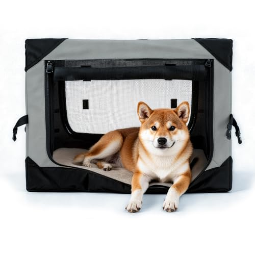 30 Inch Soft Collapsible Crate for Medium Dogs, 4-Door Portable Foldable Soft Kennel with Chew Proof Mesh Windows for Indoor & Outdoor Travel Grey - color: Grey, size: 30.0"L x 21.0"W x 21.0"H