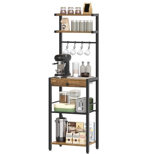 YATINEY Bakers Rack, 5-Tier Coffee Bar Station, Coffee Stand with Pod Drawer Holder, Versatile Kitchen Storage Rack with 4 Hooks, for Living Room, Cafe Corner, Rustic Brown and Black KF01BRY1 - color: Rustic Brown + Black