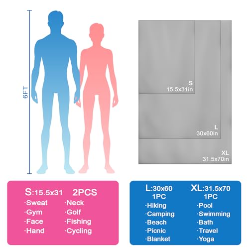 Camping Towel XL Size Microfiber Quick Dry for Men Women Hiking Beach Swimming Pool Travel Body Yoga Mat Towels(Light Grey, 1 Pack XL) - color: Light Grey, size: 1 Pack XL