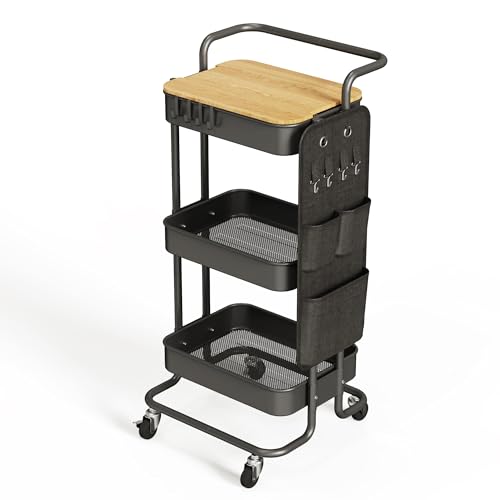 DTK 3 Tier Metal Utility Rolling Cart with Table Top and Side Bags, Tray Storage Organizer Wheels, Art Craft 4 Hooks for Kitchen Bathroom Office Living Room (Black) - color: Black, size: Large