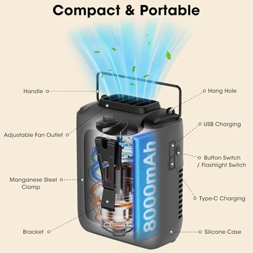 Portable Personal Fan Shirt Fan Rechargeable 8000mAh, Body Fans with 3 Speeds Faster Cooling & LED Light, Clip on Fans 30H Hands-Free Keeping Cool Outside While Camping Working in Summer Hot Weather