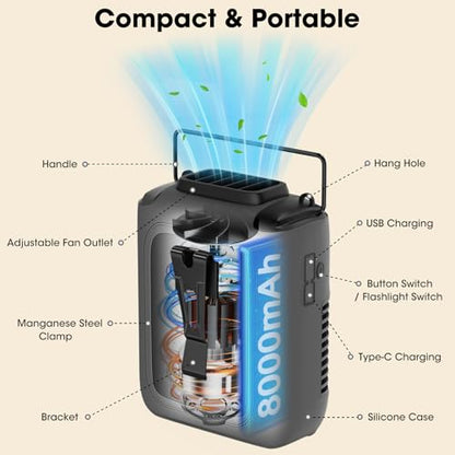 Portable Personal Fan Shirt Fan Rechargeable 8000mAh, Body Fans with 3 Speeds Faster Cooling & LED Light, Clip on Fans 30H Hands-Free Keeping Cool Outside While Camping Working in Summer Hot Weather