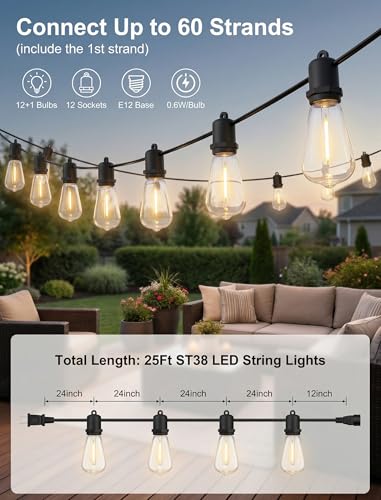 25FT LED Outdoor String Lights, 13 Shatterproof ST38 Edison Bulbs, Waterproof Patio Decor for Outside, Dimmable Bistro Cafe Hanging Lights - size: 25FT