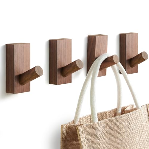 Felidio Natural Wooden Wall Hooks, Adhesive & Screw Mount Coat and Towel Hooks - Decorative Key Holder, Hat Rack, Stocking Wall Hangers for Bathroom Entryway Closet - 4 Pack, Walnut Wood - color: Black Walnut
