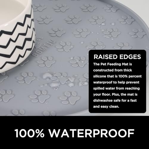 Comtim Waterproof Dog Food Mat - 2 Pack Silicone Pet Food Mat Dog Food Bowl Mats Cat Water Mats Eating Tray, Non-Slip Pet Placemat with Lip for Messy Drinkers to Protect Floor,Light Grey 11" - color: Light Grey