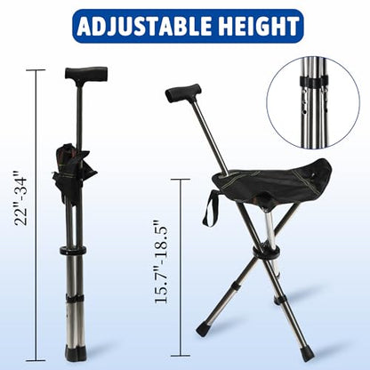 FATTCHIAR Cane with Seat, Cane Chair Capacity 330lbs, Adjustable Height Folding Lightweight Walking Stick with Seats, Portable Stool for Adults Seniors Hiking Camping