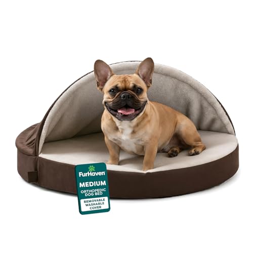FurHaven Round Orthopedic Dog Bed for Medium Dogs, Egg Crate with a Solid Orthopedic Foam Base with Attached Blanket Hood and Removable Washable Cover, Medium, Sherpa & Suede Snuggery, Espresso - color: Espresso, size: Medium