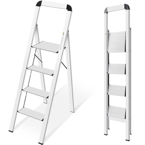 KINGRACK Aluminium 4 Step Ladder, Lightweight Step Stool with Non-Slip Pedals, Handrail, Foldable Step Ladder for Kitchen, Garage, Home, Space Saving, Sturdy and Portable, Silver - color: Silver, size: 4-step with Handrail