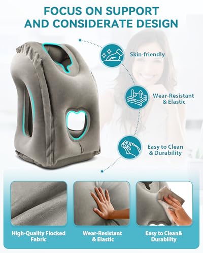 Inflatable Travel Pillow, Airplane Neck Pillow Comfortably Supports Head and Chin for Airplanes, Trains, Cars Office Napping on The Tray Table (Grey) - color: Grey(standard)