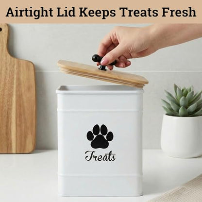 Dog Treat Container Airtight - 6 Inch Wide x 8 Inch Tall Iron Dog Treat Jar for Kitchen Counter with Airtight Bamboo Lid - 12 Cup Capacity Pet Treat Container - Doggie Cookie Jar - Big Treats Canister - color: White