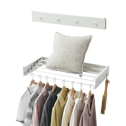 Clothes Drying Rack,Laundry Hanging Rack Collapsible,Wall Mounted Drying Rack for Laundry,Foldable Drying Rack Indoor Outdoor,31.5" Wide,5 Aluminum Rods with Hooks, 60 lb Capacity (White 31.5" Hooks) - size: 31.5 Inch with hooks