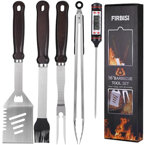 Grilling Accessories - 16 Inch Extra Long BBQ Accessories Grill Gifts for Men, Barbecue Grilling Tools Utensils Set with Spatula, Fork, Brush, Tongs, Thermometer - color: 6PCS Wooden(16")