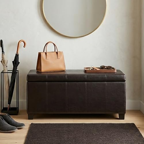 SIMPLIHOME Dover Storage Ottoman Bench - 36 inch Wide Upholstered Vegan Leather Rectangular Lift-Top Ottoman in Dark Clove Brown, Contemporary Bench for Living Room with Safety Hinges - color: Dark Clove Brown