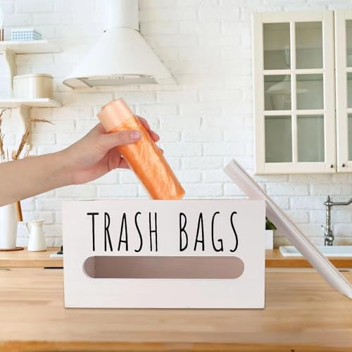 Trash Bag Dispenser, Wall Mount Trash Bags Holder Dispenser with Lid Wooden Kitchen Trash Bag Roll Organizer Plastic Garbage Bag Storage for Cabinet. (White) - color: White