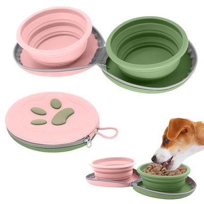 Collapsible Dog Bowls, 2-in-1 Travel Double Bowl Water Food Feeder Portable Pet Traveling Camping & Walking 25oz (Pink Green) - color: Pink green