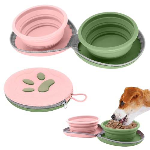 Collapsible Dog Bowls, 2-in-1 Travel Double Bowl Water Food Feeder Portable Pet Traveling Camping & Walking 25oz (Pink Green) - color: Pink green