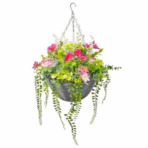14” Artificial Hanging Flower Basket, Faux Pink & Green Hanging Flowers with Lush Trailing Greenery, Wicker Hanging Basket with Chain, Indoor Outdoor Porch Patio Balcony Decor - color: Pink-dl