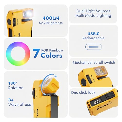 WUBEN G5 EDC Rechargeable Flashlight, 400 Lumens RGB Dual Light Source Mini Magnetic Keychain Flashlight, Portable Pocket Light for Camping Hiking Home Emergencies (Yellow) - color: Yellow