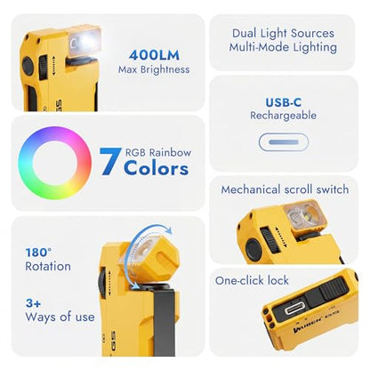 WUBEN G5 EDC Rechargeable Flashlight, 400 Lumens RGB Dual Light Source Mini Magnetic Keychain Flashlight, Portable Pocket Light for Camping Hiking Home Emergencies (Yellow) - color: Yellow