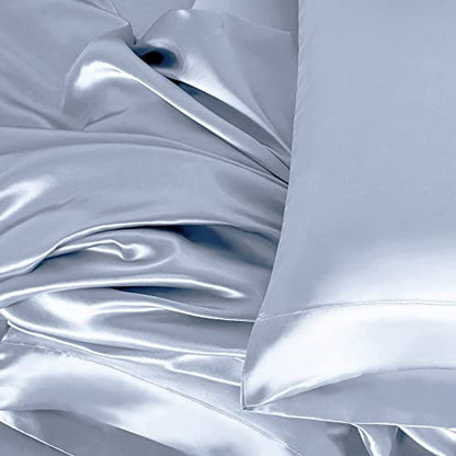 Homiest 3pcs Satin Sheets Set Luxury Silky Satin Bedding Set with Deep Pocket, 1 Fitted Sheet + 1 Flat Sheet + 1 Pillowcases (Twin Size, Baby Blue) - color: Baby Blue, size: Deep pocket - Twin size